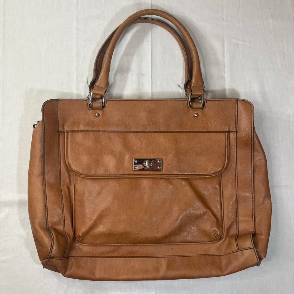 Merona Cognac Brown Faux Leather Tote Bag Professional Work Briefcase Satchel